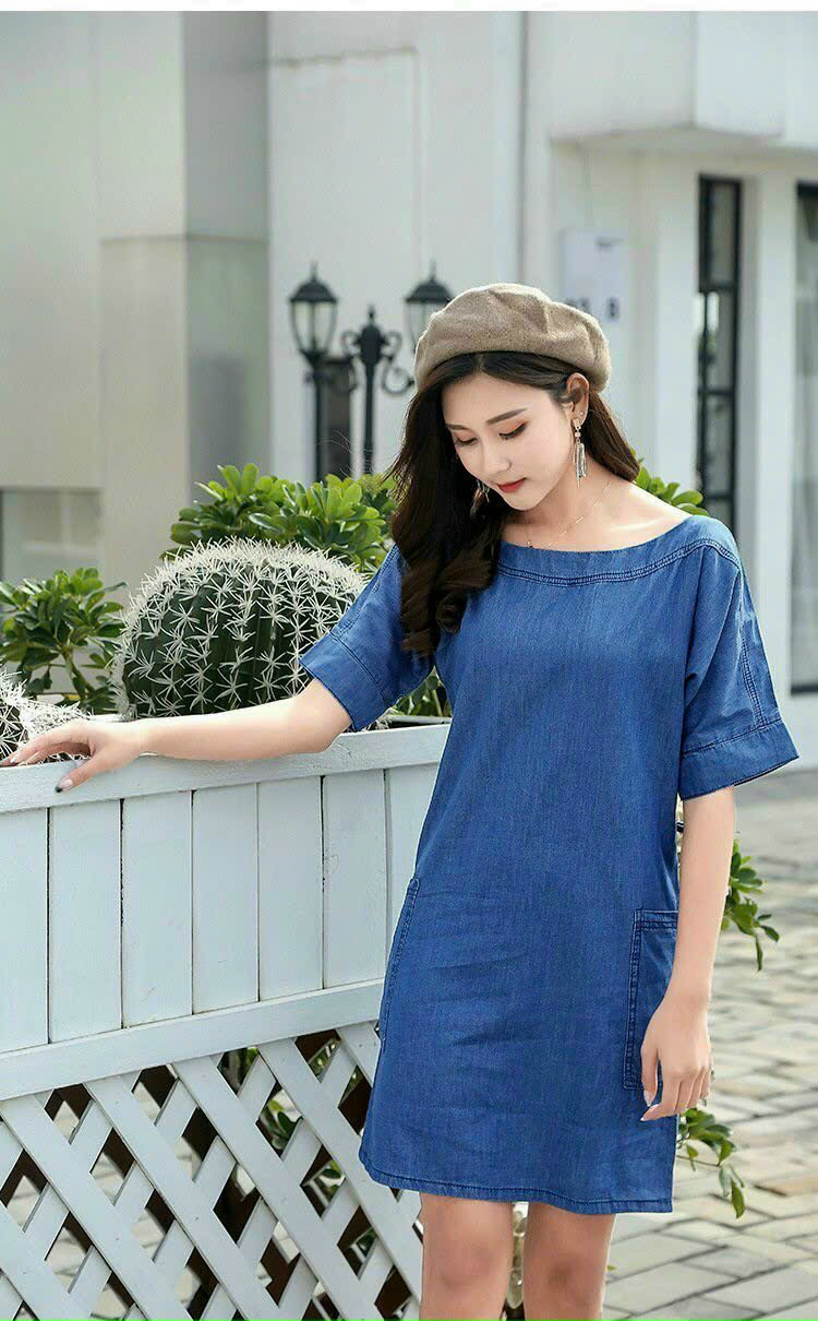 ĐẦM JEAN DENIM DÁNG XÒE CỔ SƠ MI PHỐI CARO
